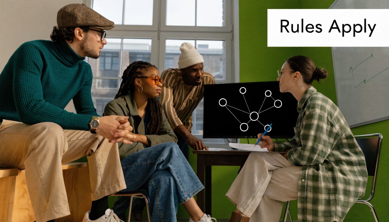 A diverse group of professionals discussing project strategies in a modern office with a digital network diagram.