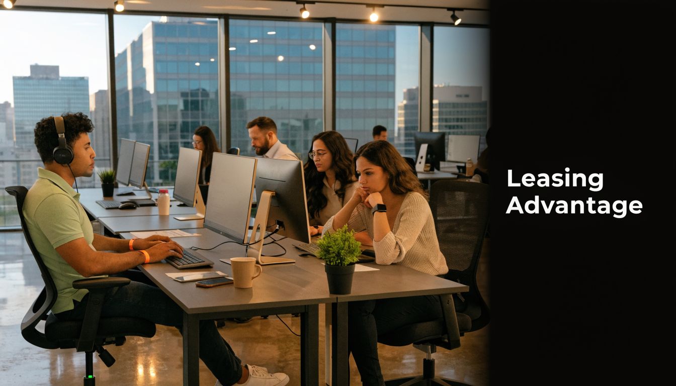 A diverse group of professionals working collaboratively in a modern, sunlit corporate office workspace.