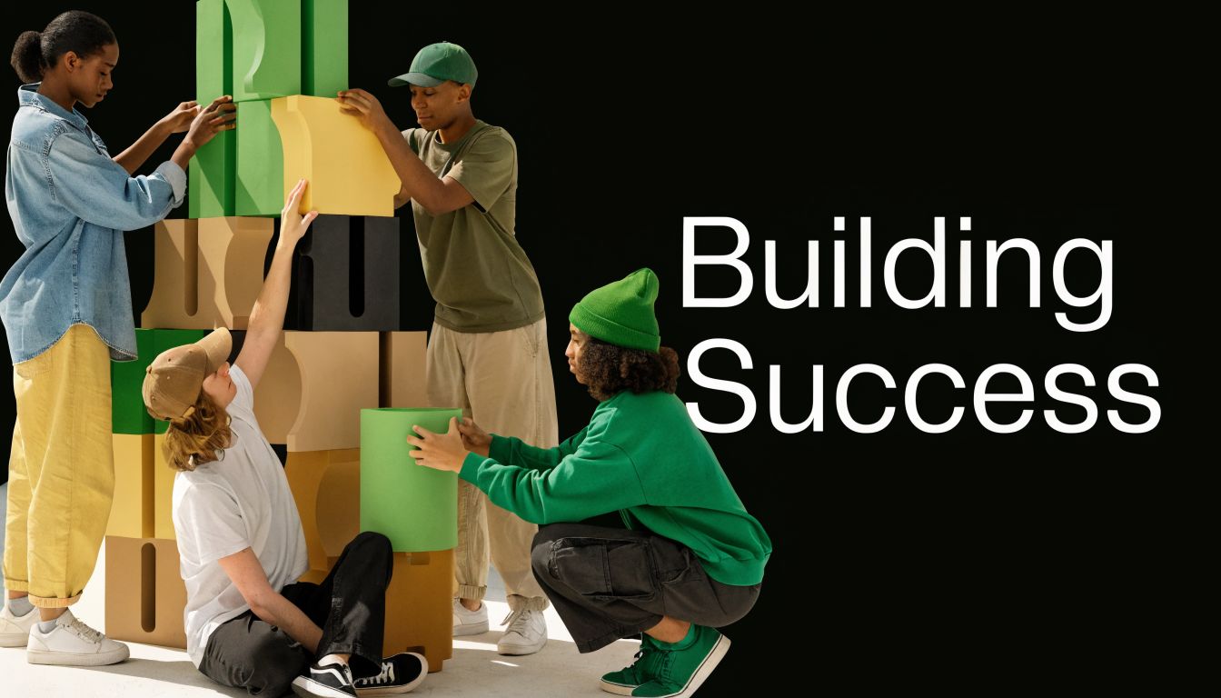 A diverse group of young adults working together to construct a large tower of colorful blocks.