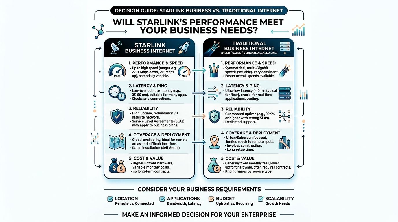 A comparative infographic showing key differences between Starlink business internet and traditional fiber or cable connectivity solutions.