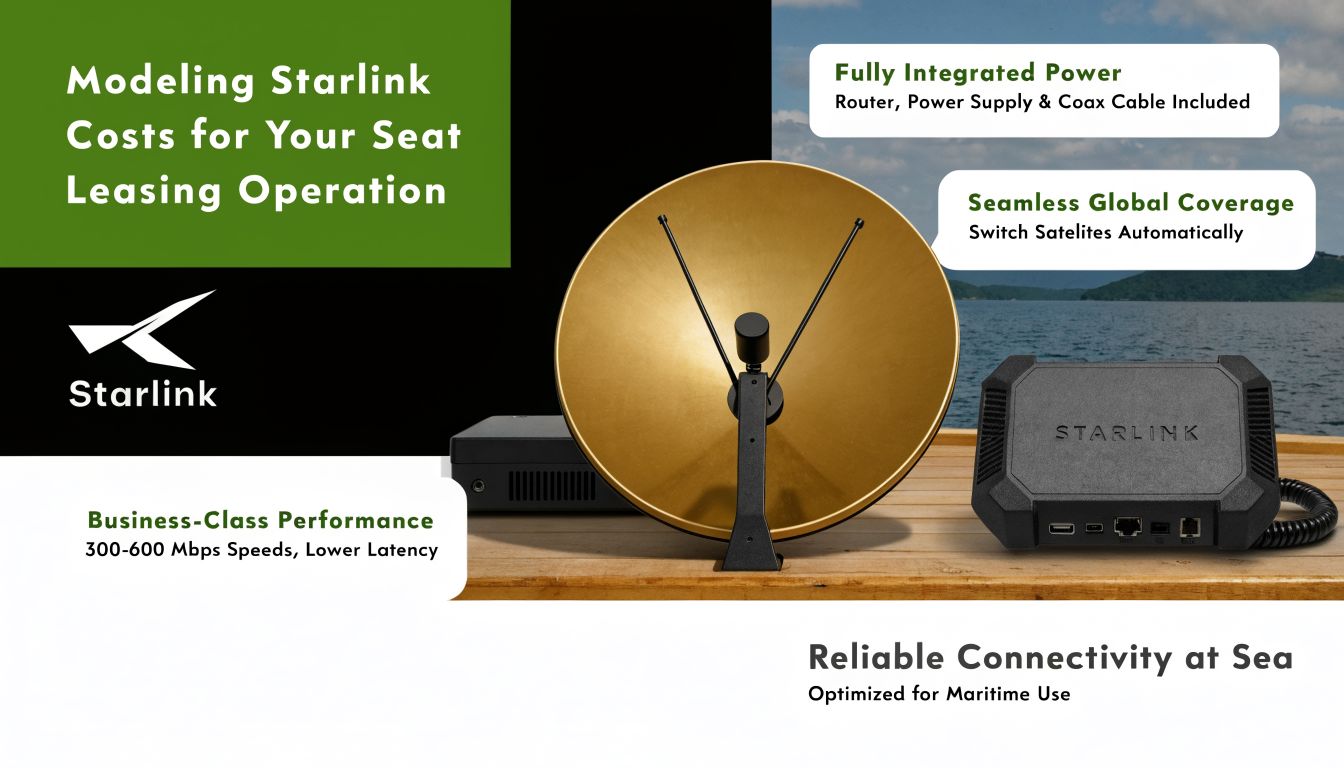 A professional graphic featuring Starlink satellite hardware with text highlighting business-class maritime internet connectivity and performance features.