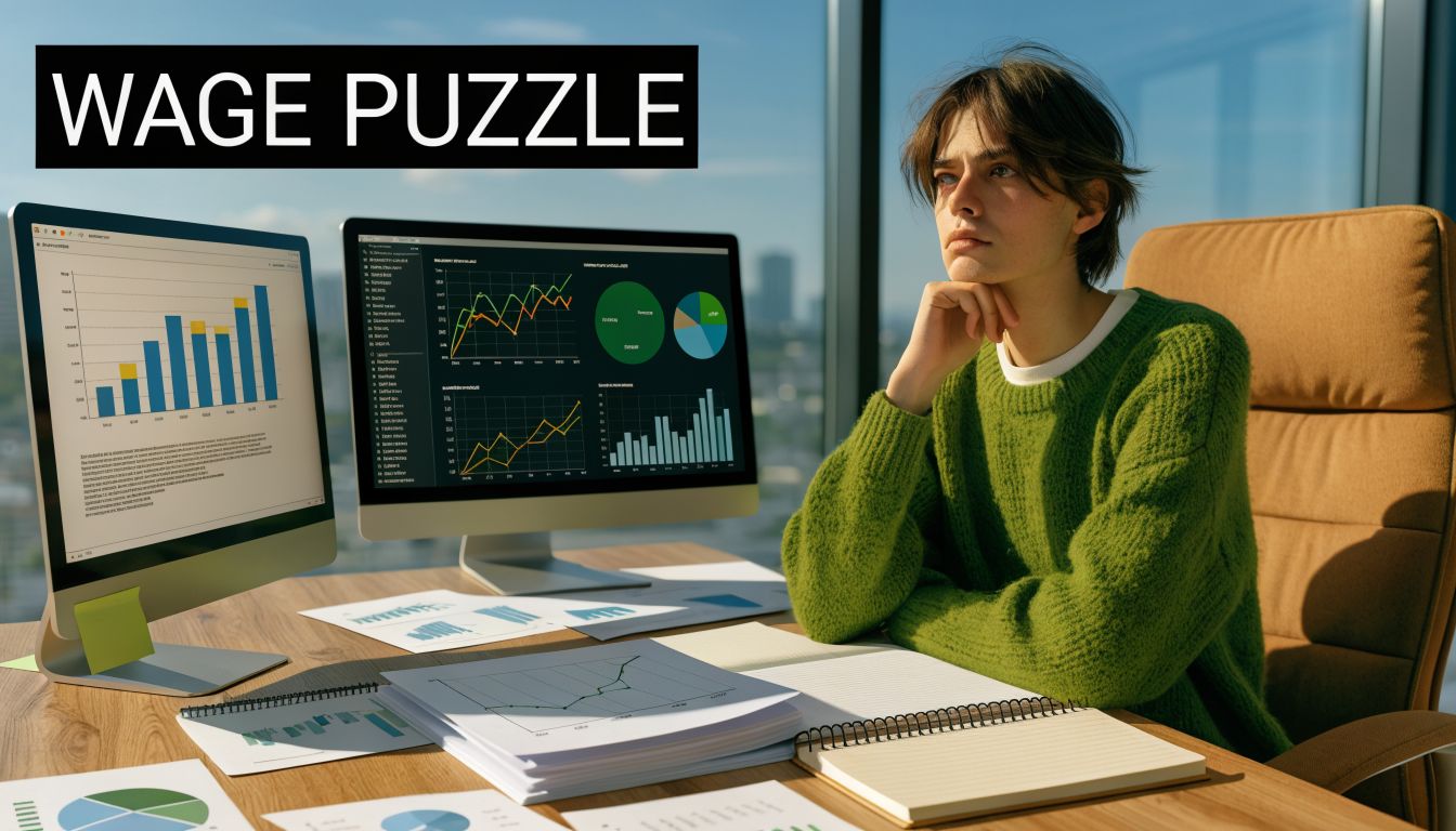 A pensive woman in a green sweater looks at financial charts and data on dual computer monitors.