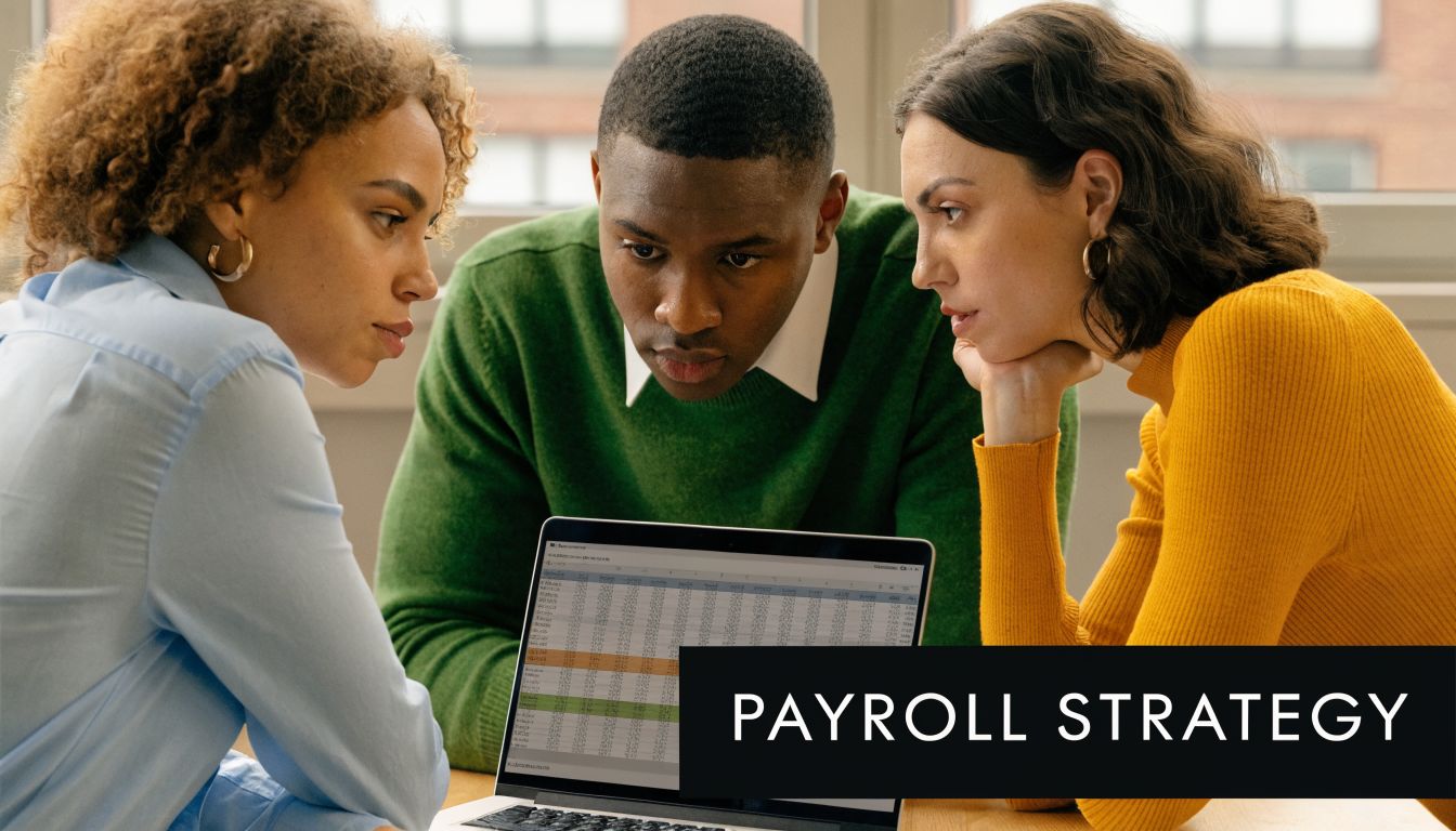 Three professional colleagues collaborating and reviewing financial data on a laptop screen in a modern office.